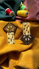 Handmade Embroidered Earrings With Cream and Brown Thread