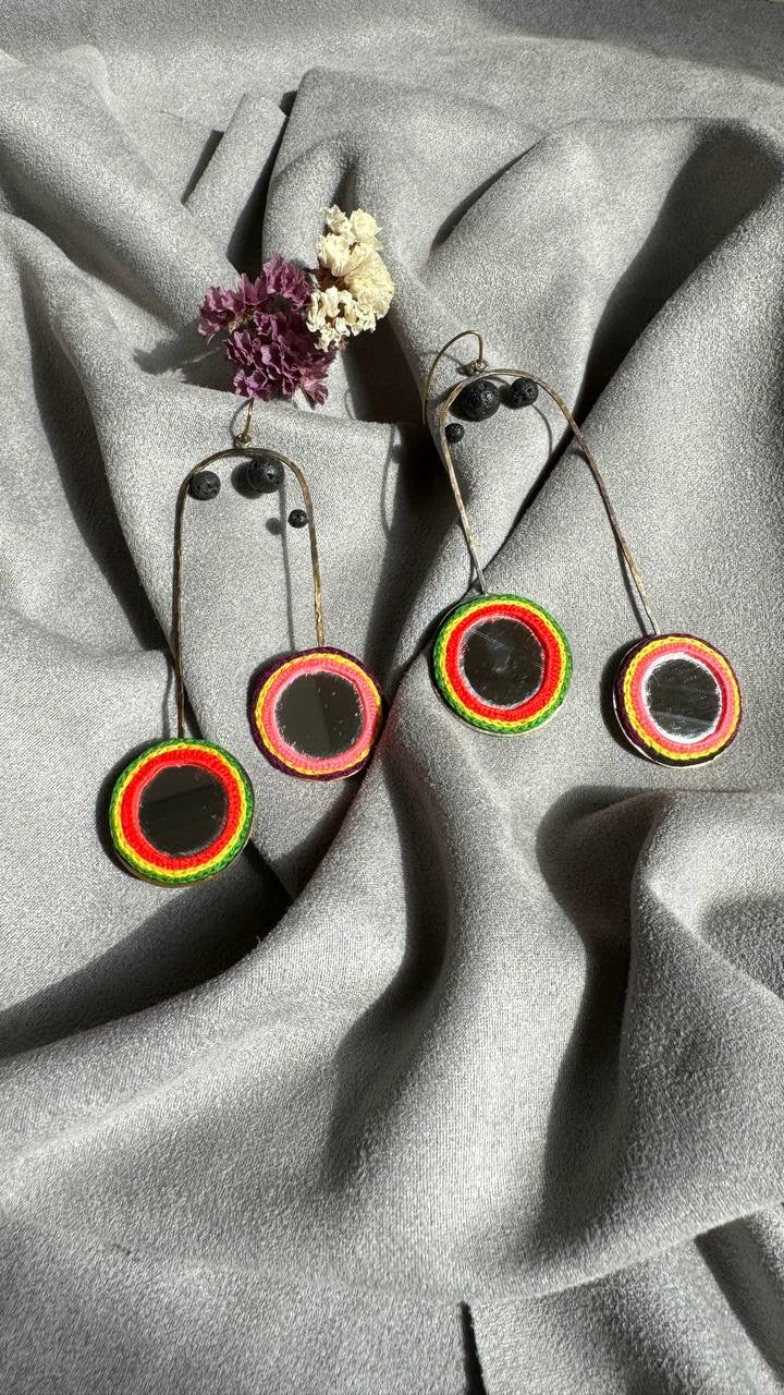 Handmade Embroidered Earrings With Mirror and Multi Color Thread