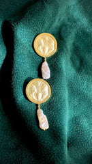 Handmade Silver Gold plated 'Coin' Earrings with Baroque Rectangle Pearls