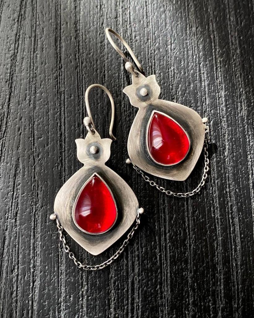 Handmade Pomegranate Silver Earrings with Ruby Stones