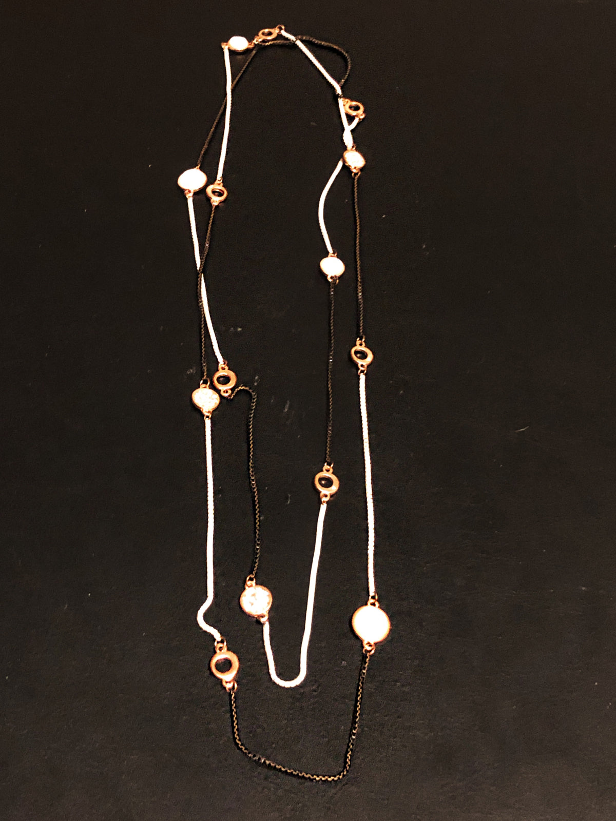 Long Necklace, Black and White with Rose Gold Design
