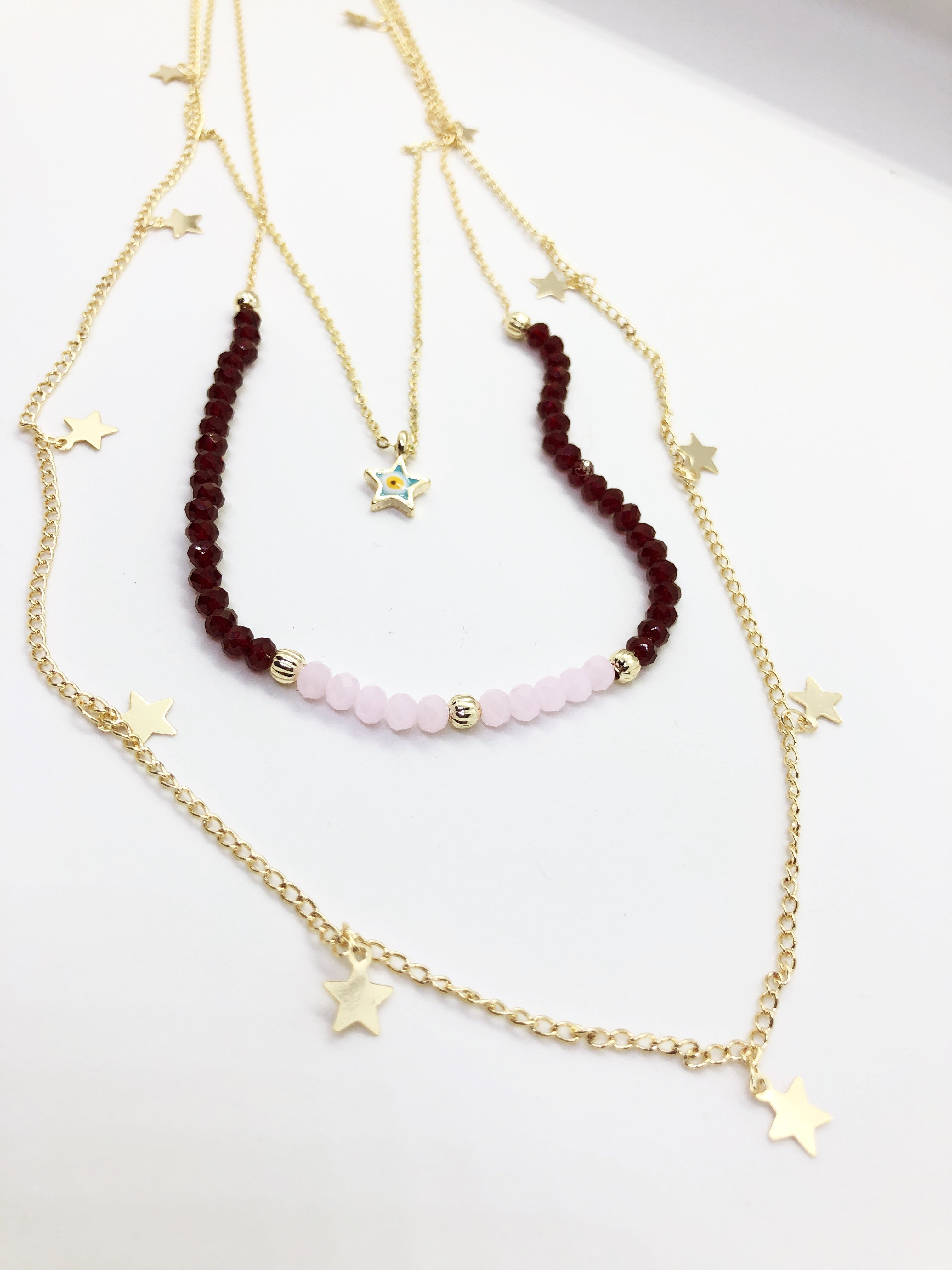 Long Gold Necklace with Evil Eye Star & Pink Layer