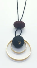 Long Black Necklace Spheres with Gold Rings