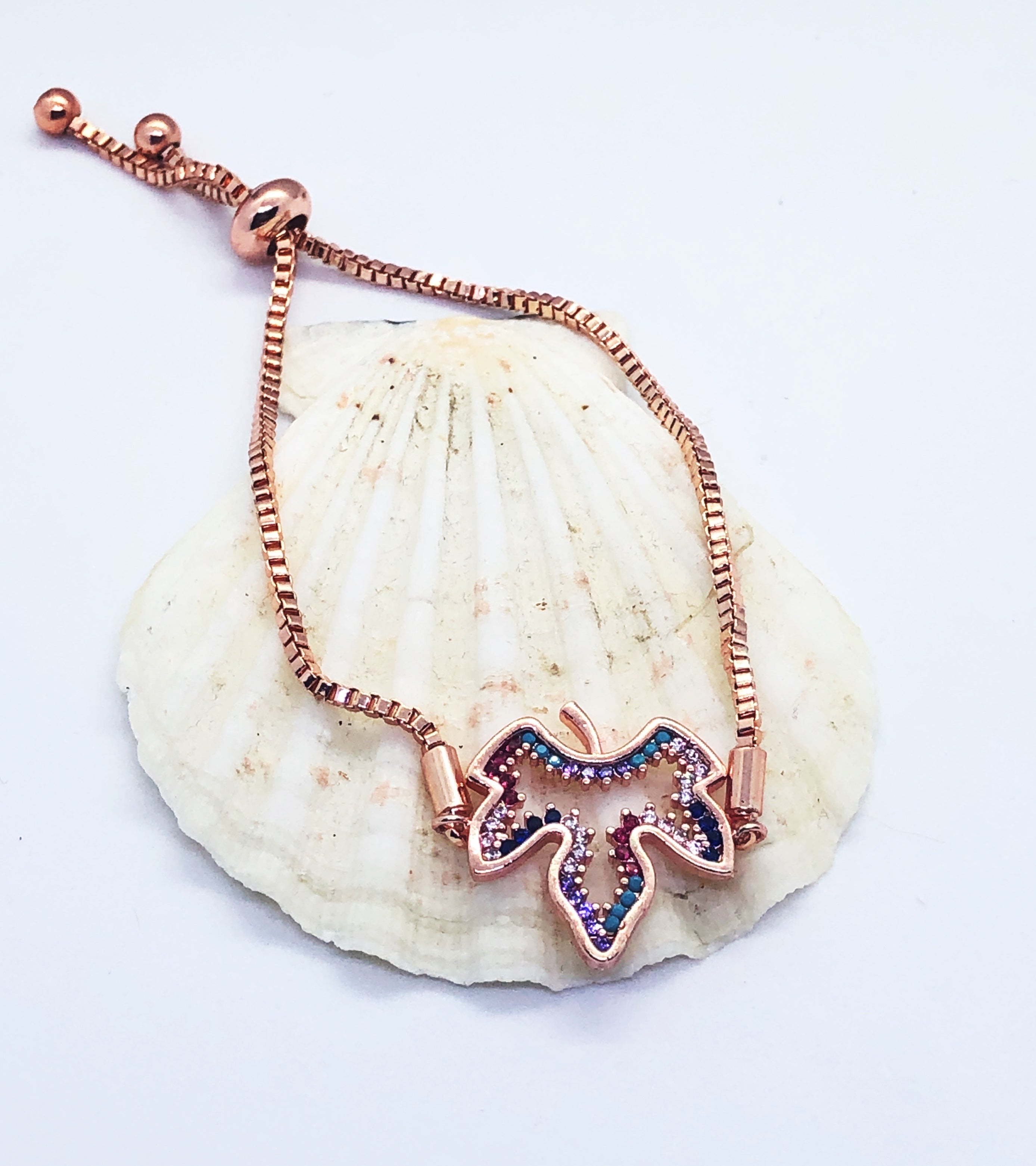 Rose Gold Fitted Maple Leaf Bracelet with Rainbow Studs