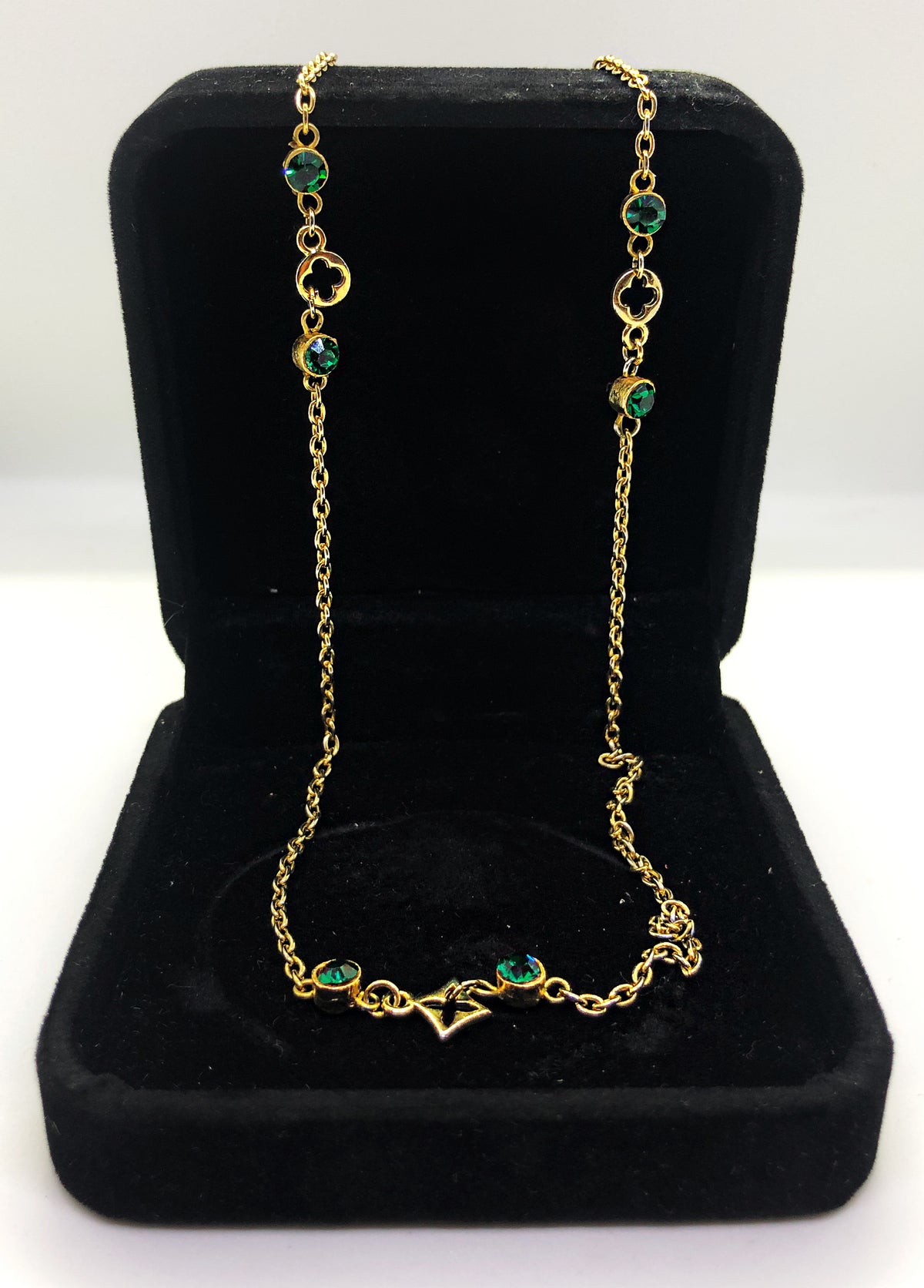Gold LV style short necklace with green studs