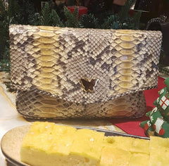 Zinnia Mini Fold Over Clutch Bag; Cocoa Yellow Natural Python Leather