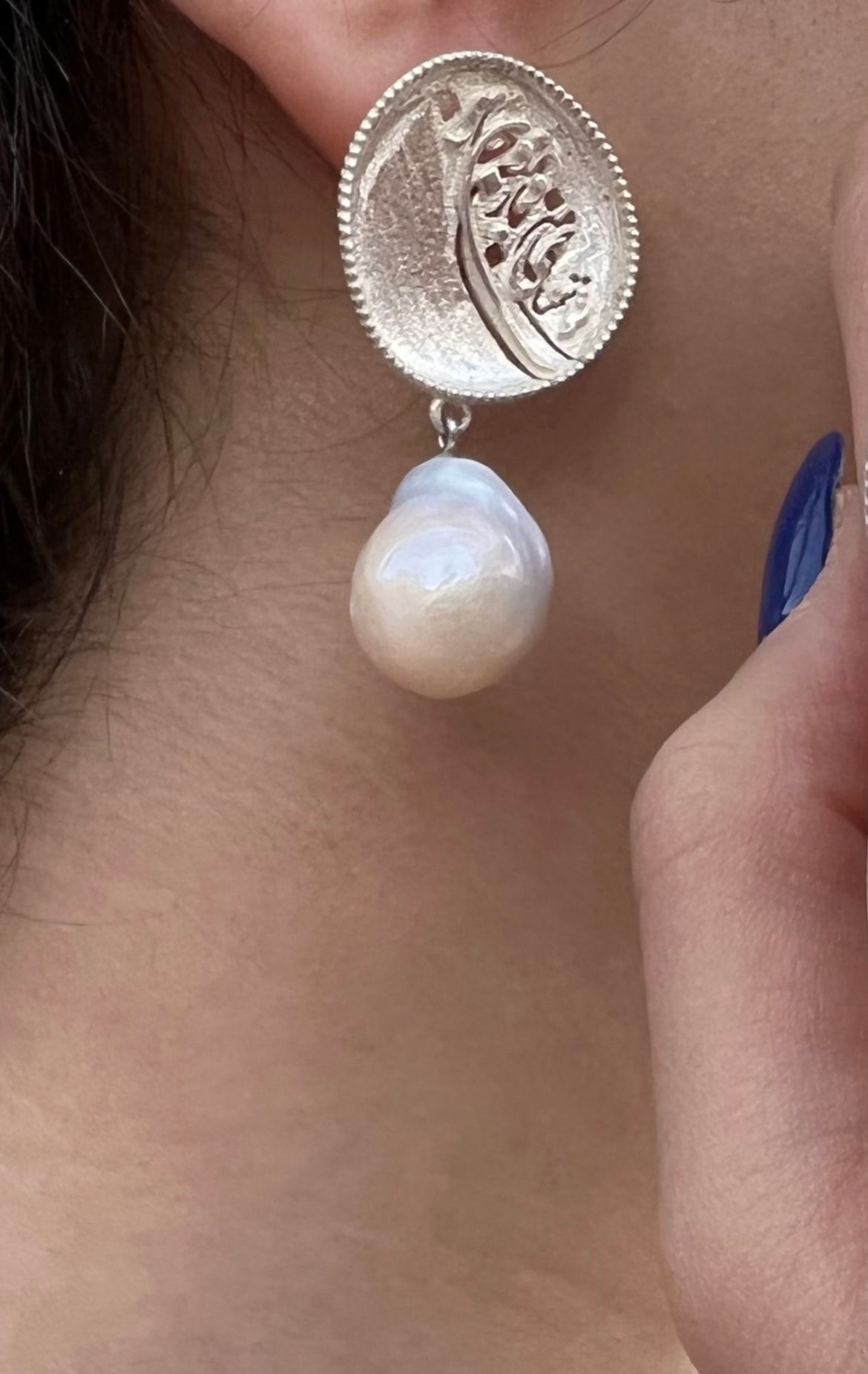 Baroque Circle Silver Earrings With Pearl