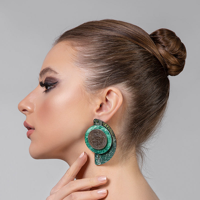 Green Geometric Earrings With Ceramics