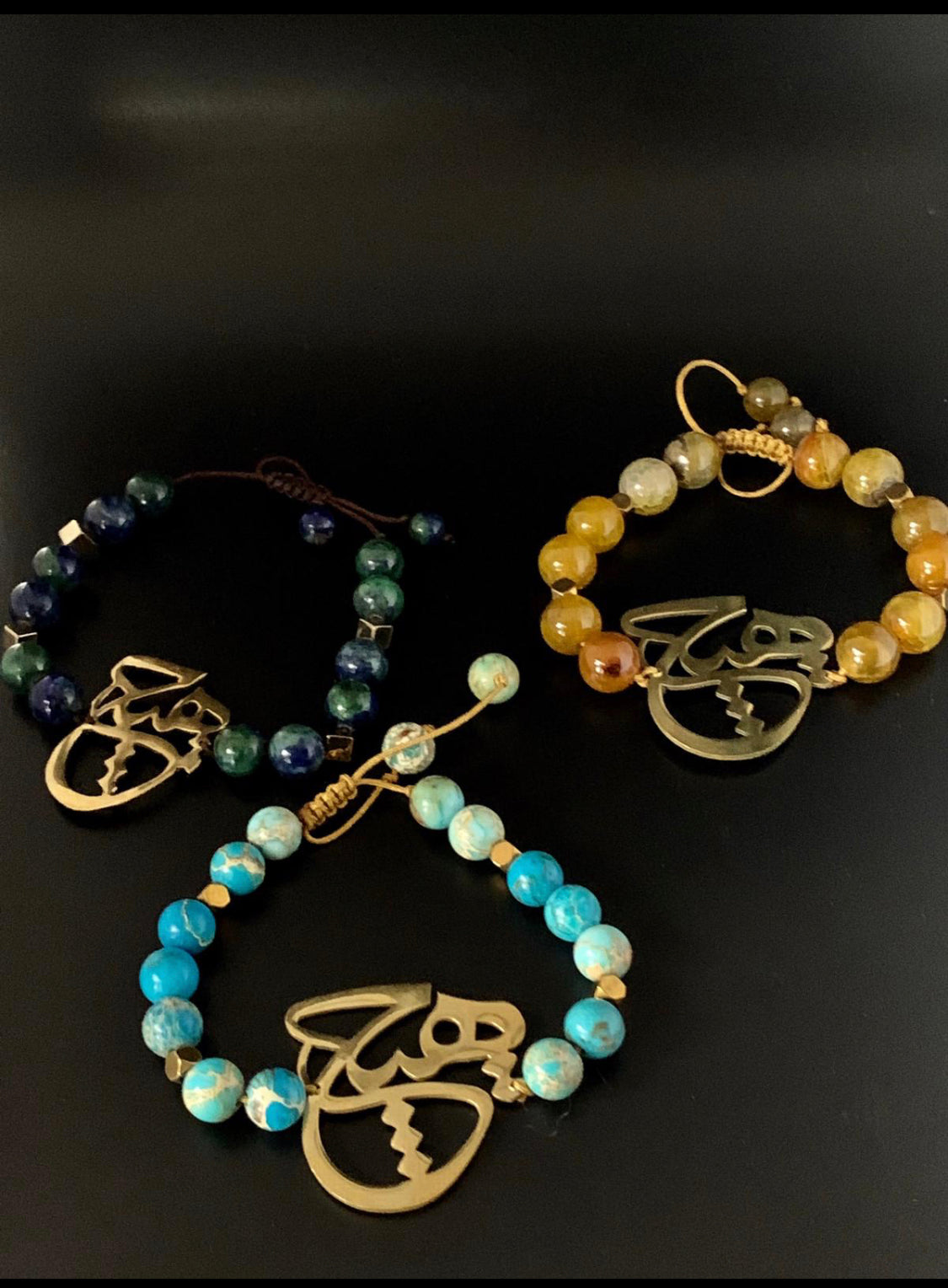 Natural Stone , Agate & Turquoise ( Aghigh & Firoozeh) , one row bracelet with gold plated calligraphy