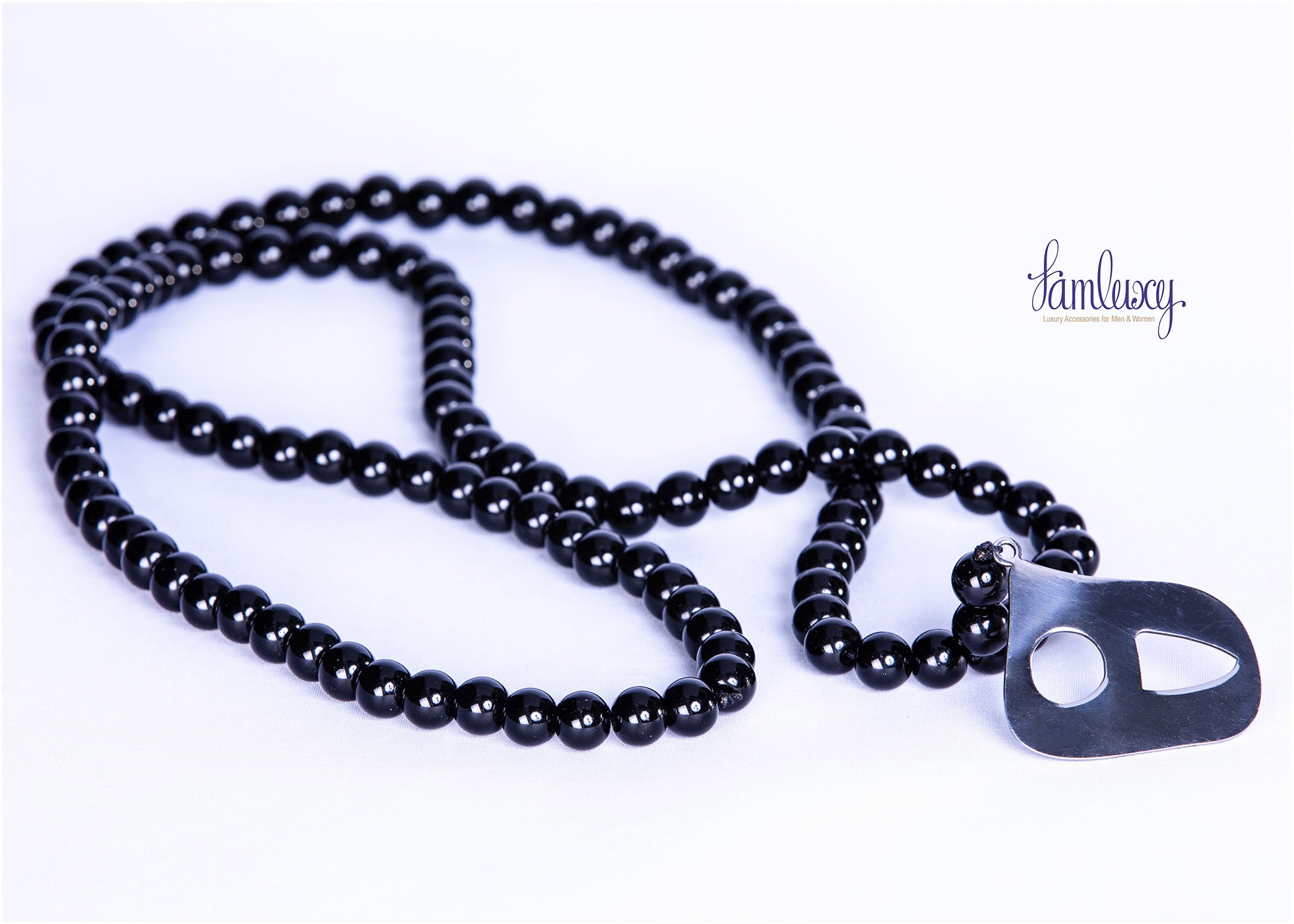 Handmade Natural Stone Long Necklace (Onyx) with silver calligraphy pendent