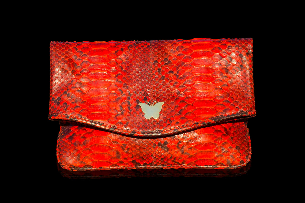 Zinnia Mini Fold Over Clutch Bag; Electric Red Natural Python Leather