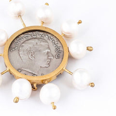 Handmade Gold plated silver coin Brooch with Pearl