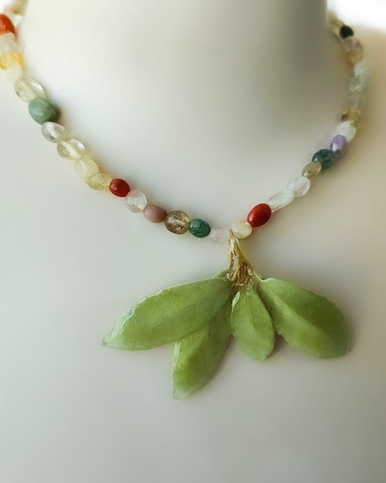 Handmade Resin Leaf Necklace, Gemstone Beaded Necklace