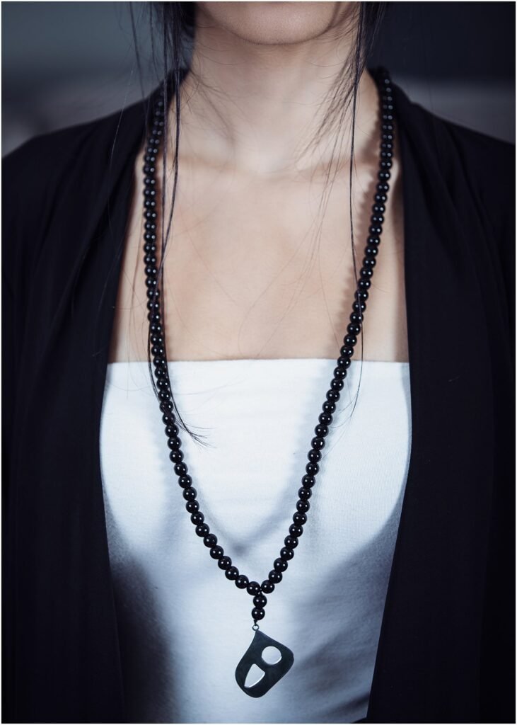 Handmade Natural Stone Long Necklace (Onyx) with silver calligraphy pendent