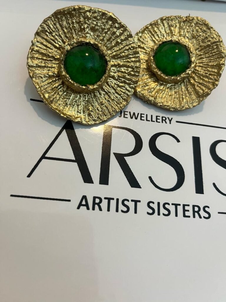 Handmade Gold Earrings with Green Stone - Sun-Inspired