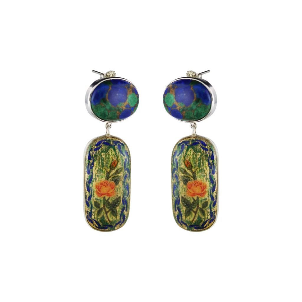 Handmade Earrings,Azurite-Malachite,Bone Painting
