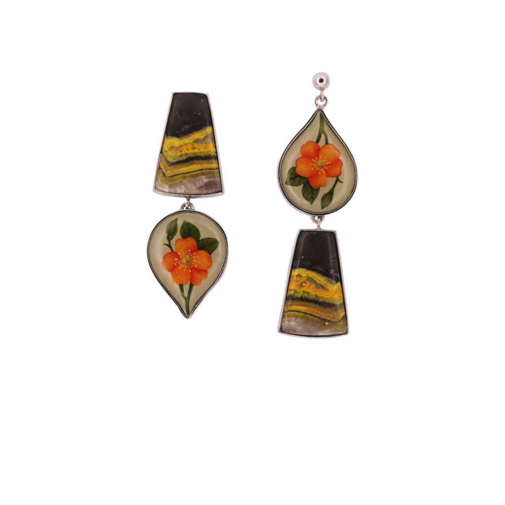 Handmade Earrings, Bumblebee Jasper, Bone Painting