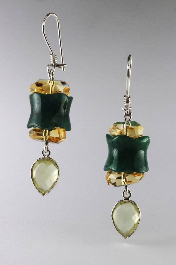 Gold Plated Silver Earrings with Quartz and Jade gemstones