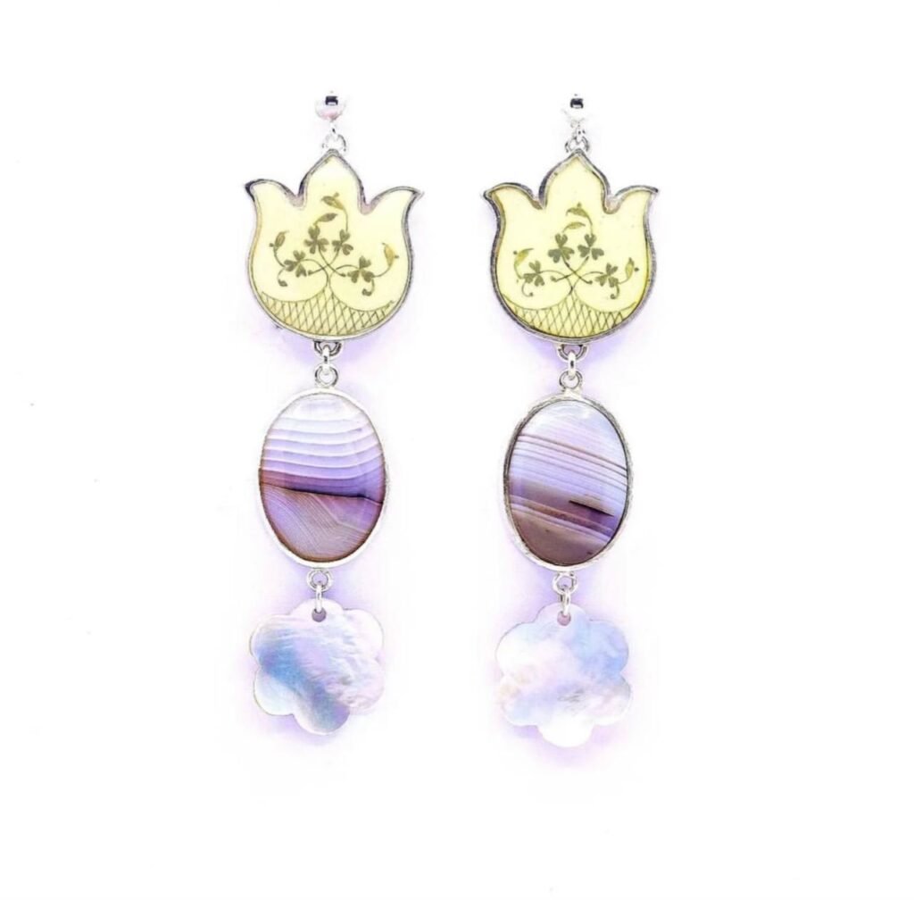 Handmade Earrings, Agate, Shell, Bone Painting