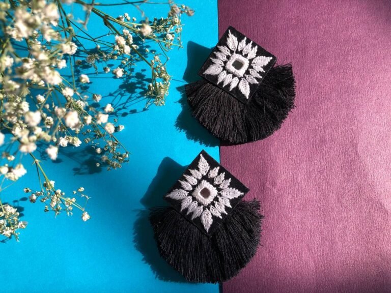 Handmade Embroidered Earrings With Black And White Thread