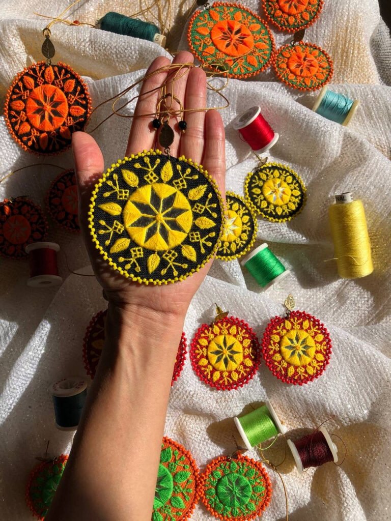 Handmade Embroidered Circular Necklace With Yellow and Black Thread