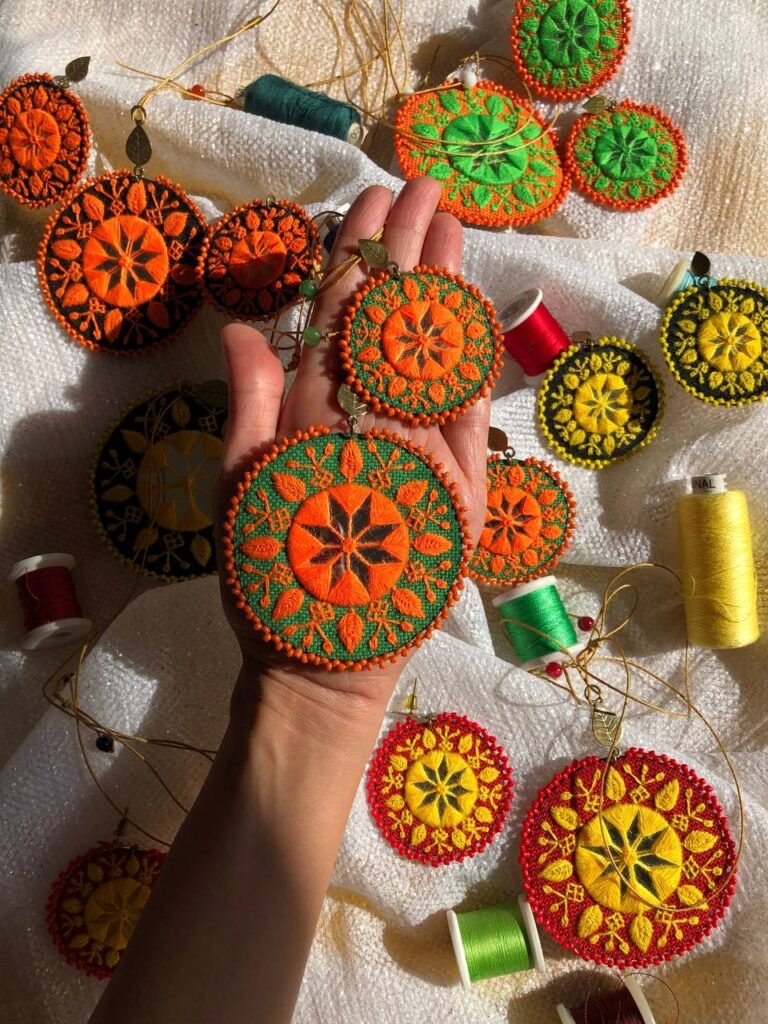 Handmade Embroidered Circular Necklace With Orange and Green Thread