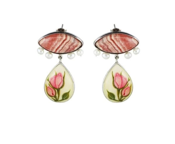 Handmade Earrings, Rhodochrosite, Pearl, Bone Painting