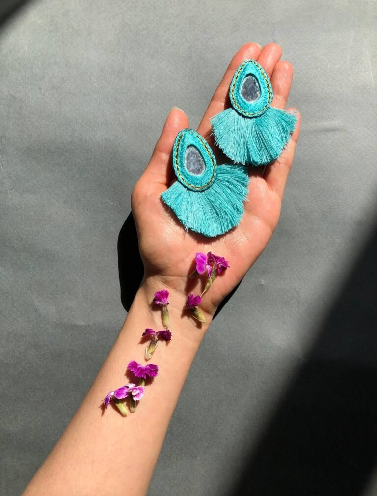 Handmade Embroidered Oval Earrings With Turquoise Thread and mirror