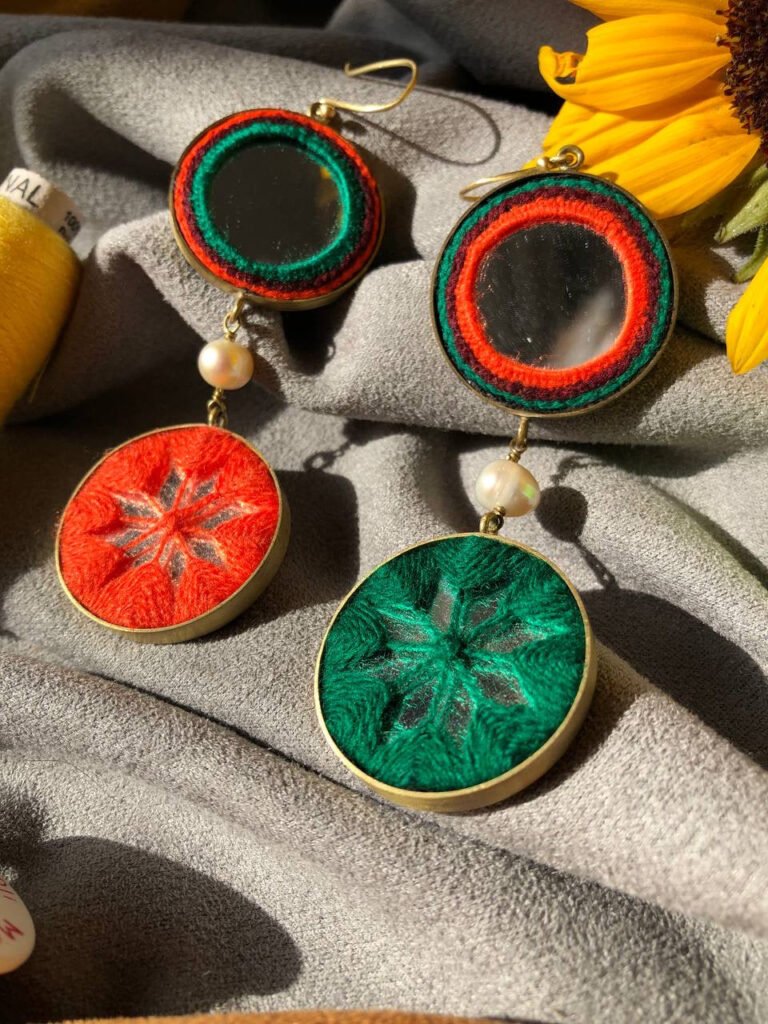 Handmade Embroidered Earrings With Mirror and Pearl