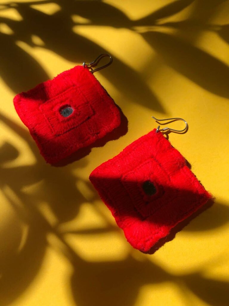 Handmade Embroidered Square Earrings With Red Thread