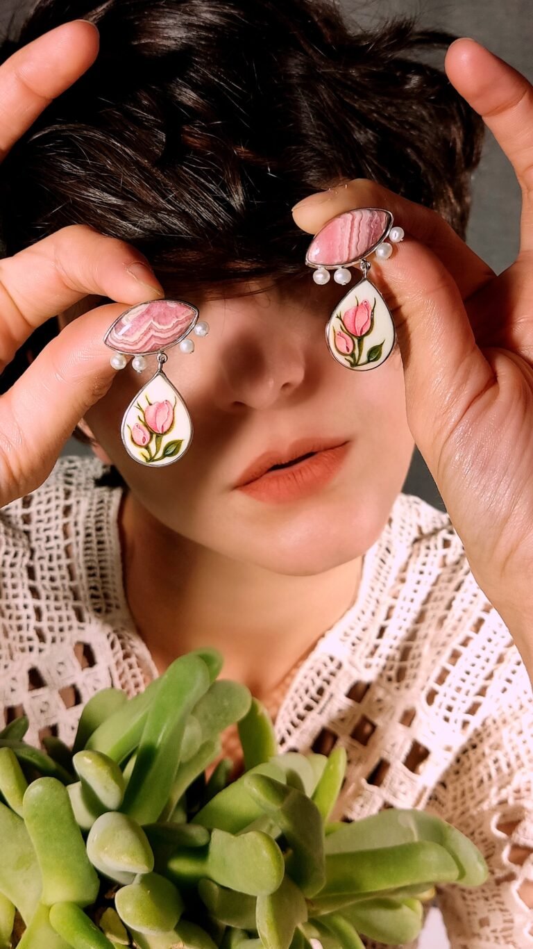 Handmade Earrings, Rhodochrosite, Pearl, Bone Painting