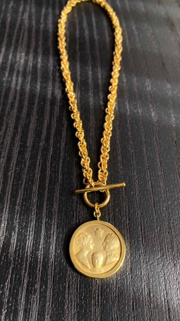 “Shahdokht “ Handmade Brass Necklace with Gold-Plated Pahlavi Commemorative Coin”