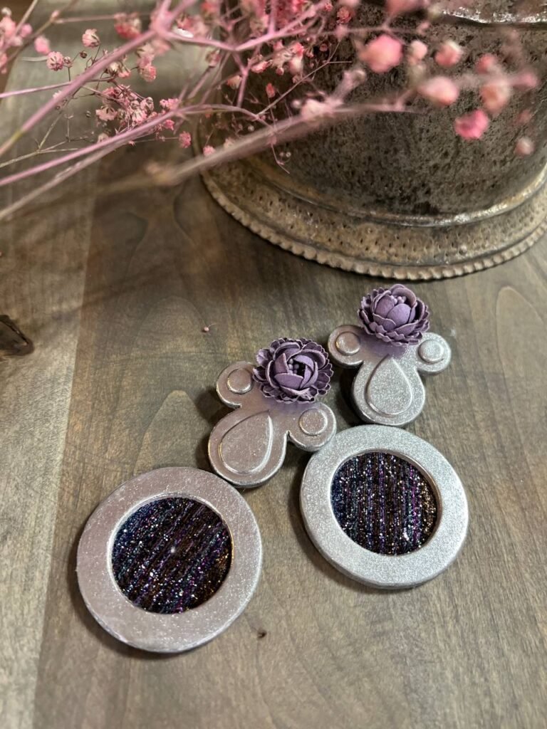Handmade Papier-mâché Earrings and Fabric with Purple Flower