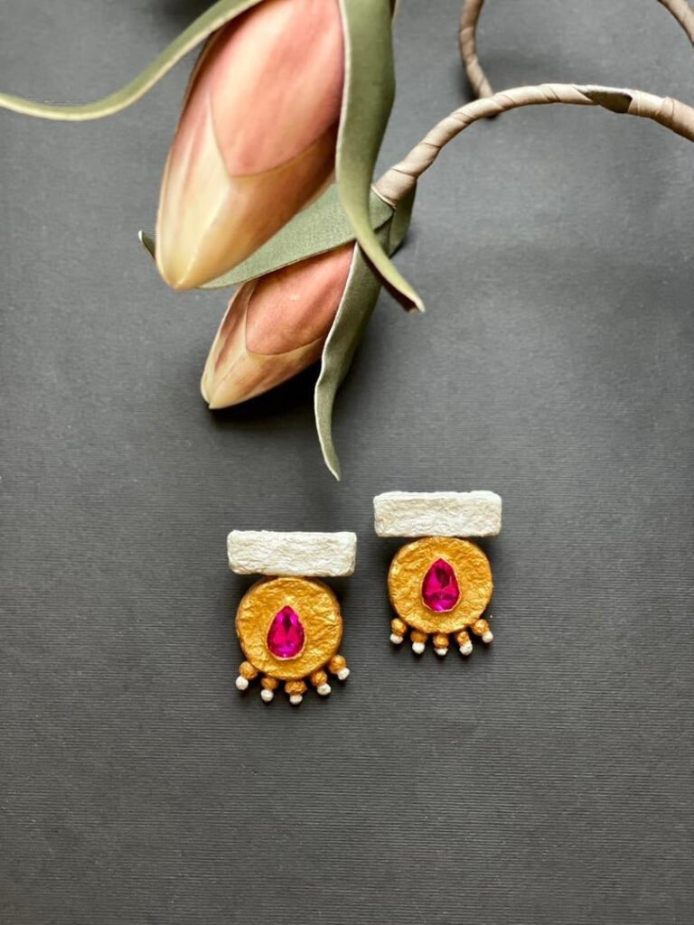 Handmade Papier-Mache with Pink Stone Earrings
