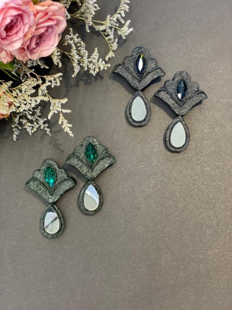 Handmade Black Papier-Mache With Black Stones Earrings