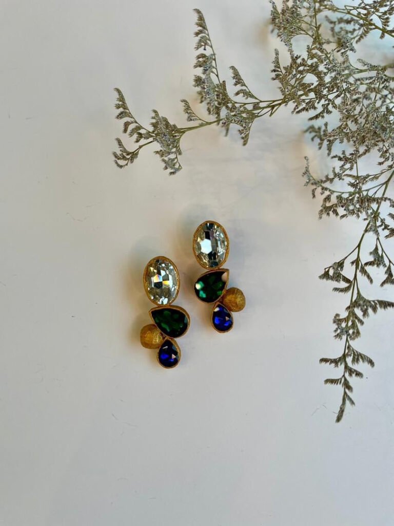 Handmade Papier-Mache With Multicolor, Blue and Green stone Earrings