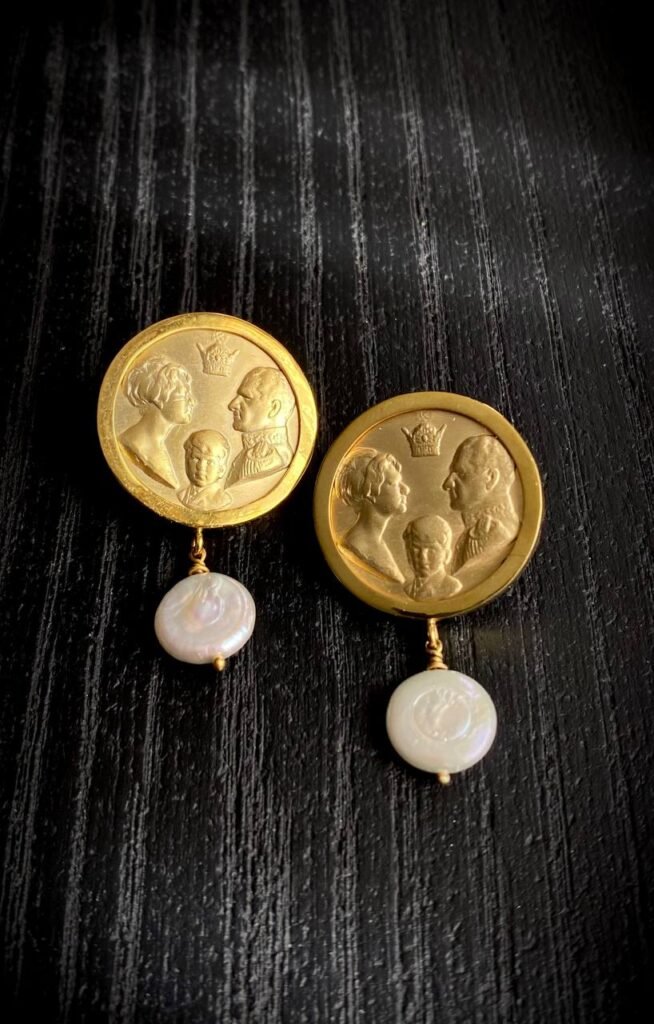 “Shahdokht” – Baroque Pearl & Gold-Plated Brass Medallions Earrings