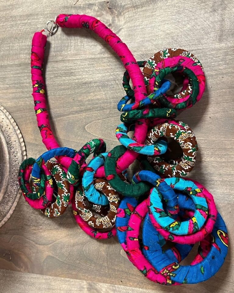 Handmade Multicolor Necklace – Papier-mâché & Fabric Fusion