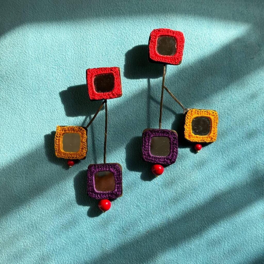 Handmade Mirror Embroidered Brass Earrings – Lightweight, Eco-Friendly, Ethnic Boho Jewelry by Baluch Artisan Woman