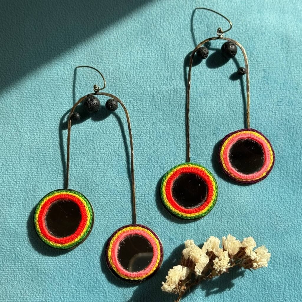 Handcrafted Brass Earrings with Mirror Embroidery & Lava Stones – Cherry Drop Inspired Eco Jewelry
