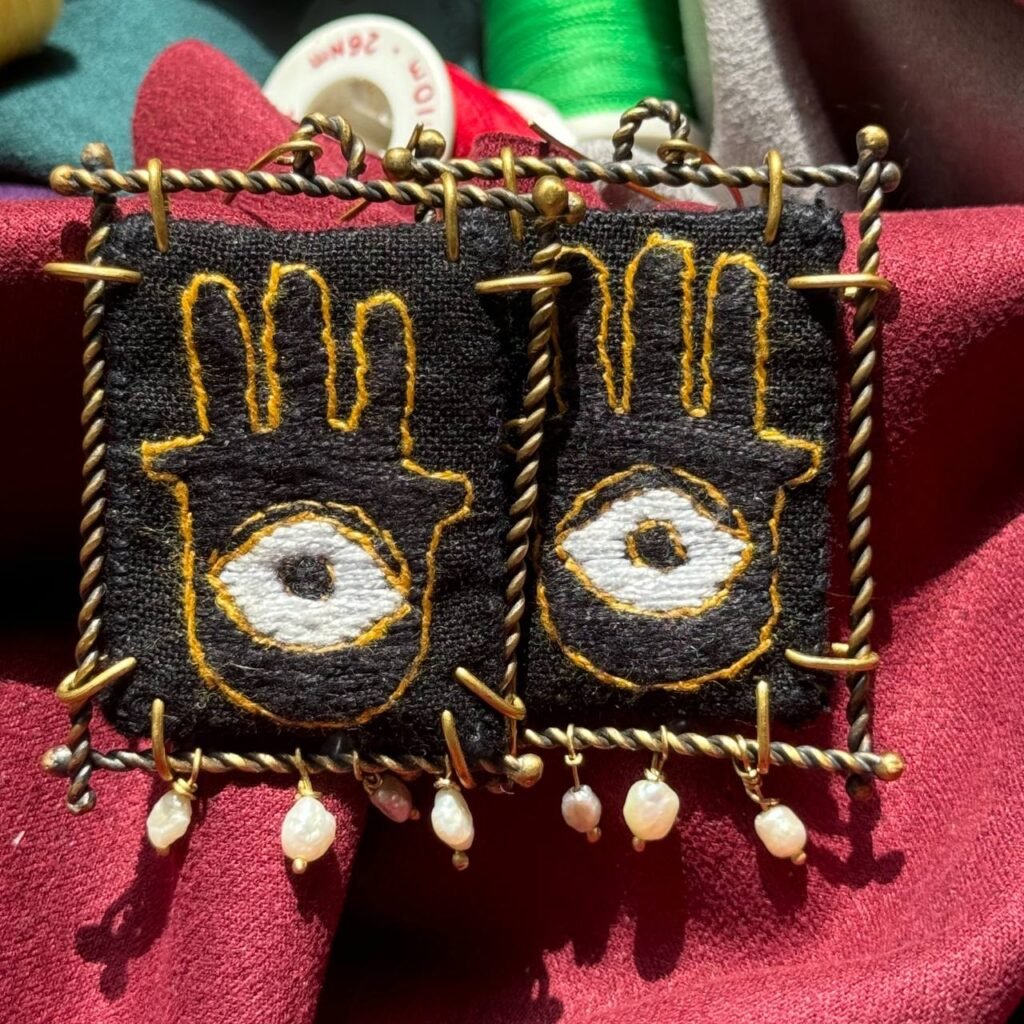 Handcrafted Hamsa Hand Earrings with Eye, Brass Frame & Pearls – Lightweight Boho Eco-Friendly Jewelry