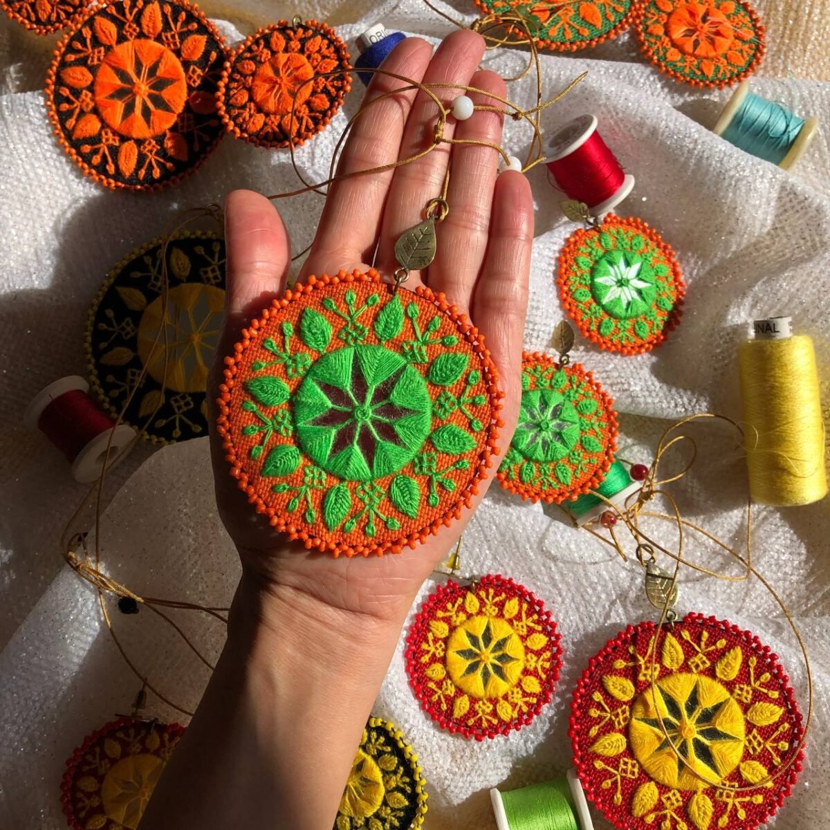 Handmade Palivar Embroidery Pendant Necklace & Stud Earrings – Adjustable Brass Jewelry Set with Mirror | Persian Balochi Needlework - Image 12