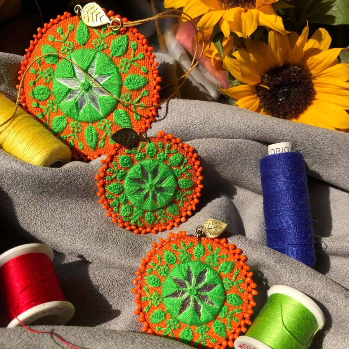 Handmade Palivar Embroidery Pendant Necklace & Stud Earrings – Adjustable Brass Jewelry Set with Mirror | Persian Balochi Needlework - Image 1