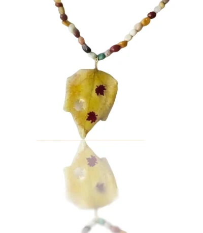 Handmade necklace with real fall leaf pendant and natural Mookaite gemstone beads, autumn-inspired jewelry design