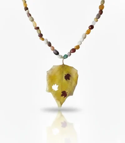 Handmade necklace with real fall leaf pendant and natural Mookaite gemstone beads, autumn-inspired jewelry design