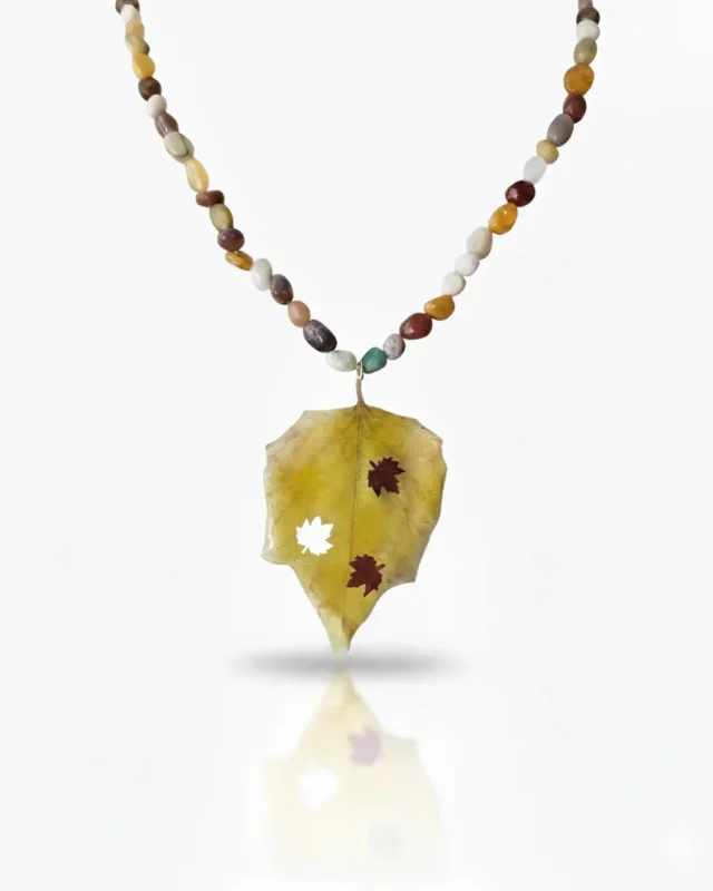 Handmade necklace with real fall leaf pendant and natural Mookaite gemstone beads, autumn-inspired jewelry design