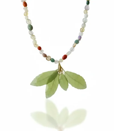 Handmade Resin Leaf Necklace, Gemstone Beaded Necklace