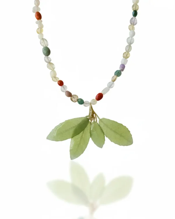 Handmade Resin Leaf Necklace, Gemstone Beaded Necklace
