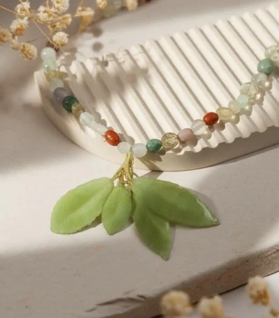 Handmade Resin Leaf Necklace, Gemstone Beaded Necklace