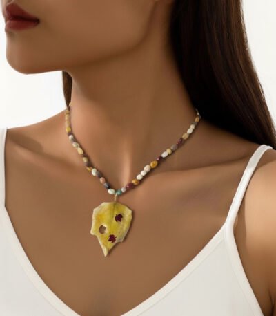 Handmade necklace with real fall leaf pendant and natural Mookaite gemstone beads, autumn-inspired jewelry design